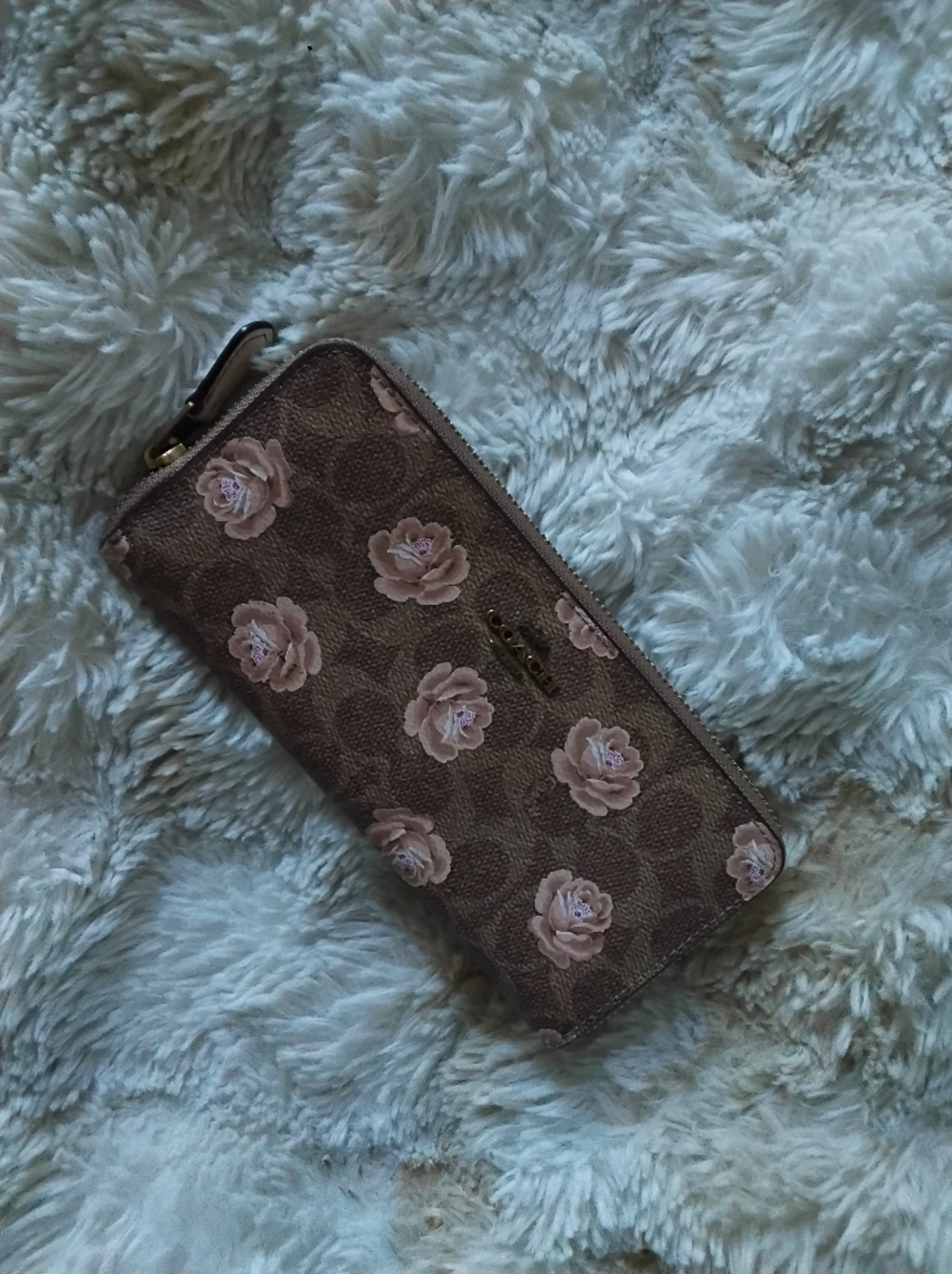 COACH Brown Signature Zip Wallet with Pink Floral Print